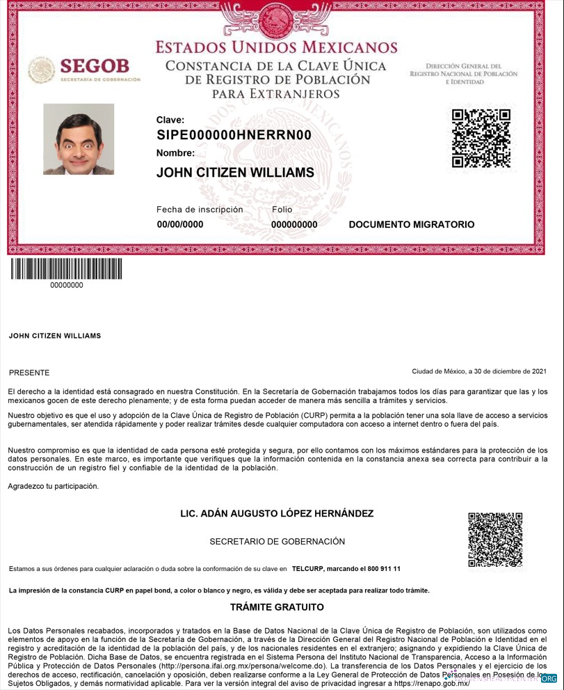 Download Mexico Registro de Poblacion de Mexico (CURP number) Photoshop template